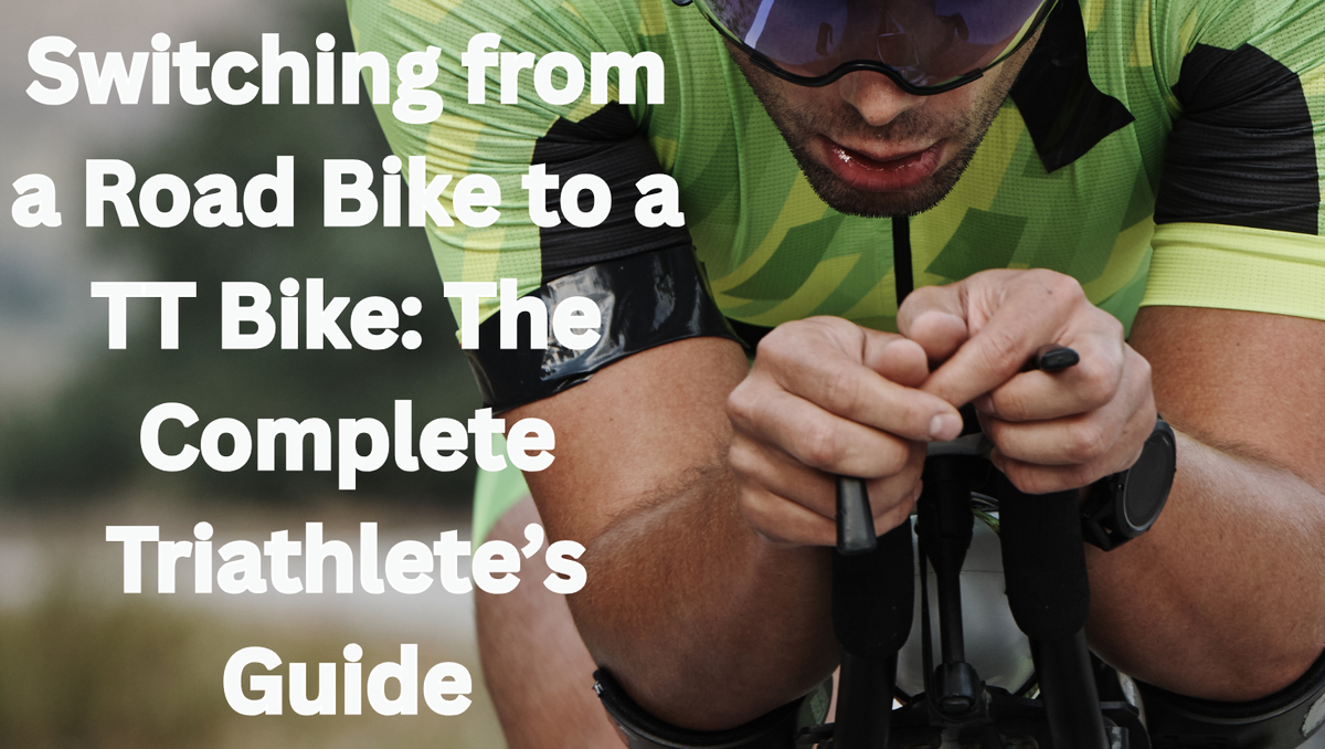 Triathlete in aero position on a TT bike with text overlay reading ‘Switching from a Road Bike to a TT Bike: The Complete Triathlete’s Guide’ on the left side.