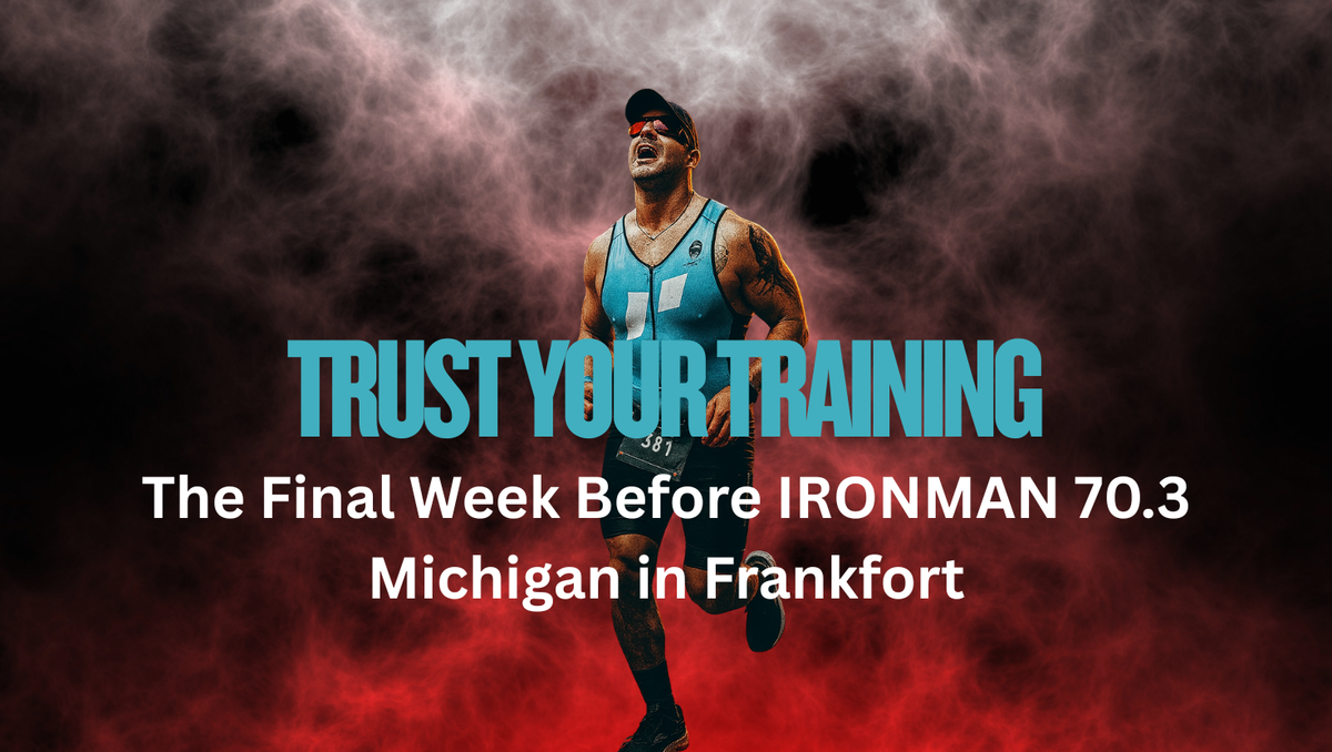 Triathlete crossing Ironman 70.3 finish line with “Race Week Ready – Frankfort 70.3” text overlay, strong and determined.