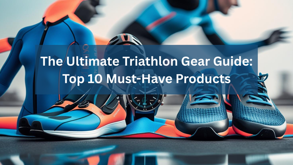 Triathlon athlete in action, featuring swimming, cycling, and running gear, highlighting the title 'The Ultimate Triathlon Gear Guide: Top 10 Must-Have Products'