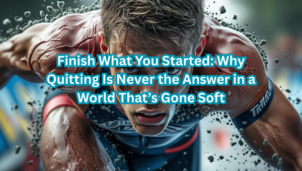 Exhausted male triathlete staggering toward the finish line, drenched in sweat, muscles straining, face showing pain and determination, refusing to quit despite physical collapse.