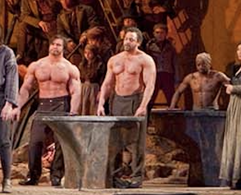 Extremely beefy opera men with their shirts of