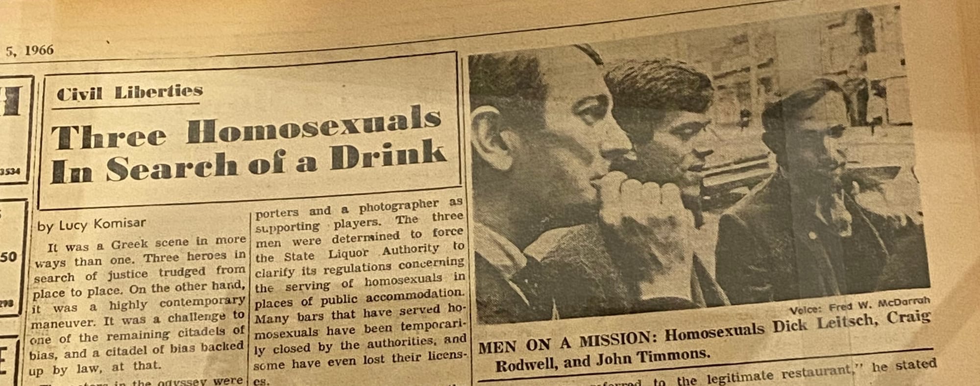An old Village Voice article with the headline “Three homosexuals in search of a drink”