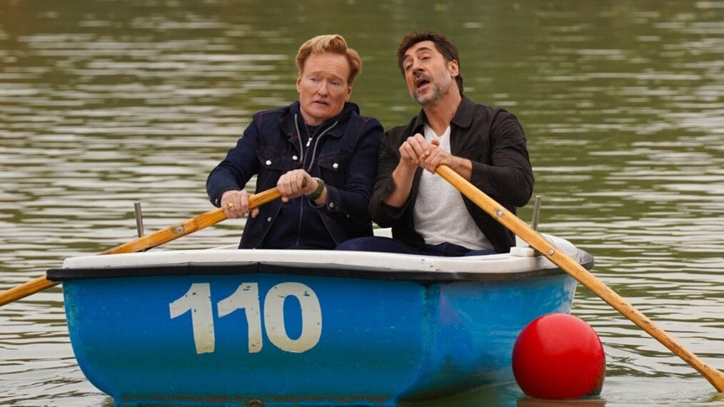 Javier Bardem and Conan O'Brien paddling a rowboat together