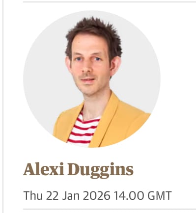 A screenshot showing Alexi Duggins, the author of the article that offended me so much, who has large ears, a bad haircut, and looks like the most pedantic and irritating guy you could be stuck next to at a dinner party