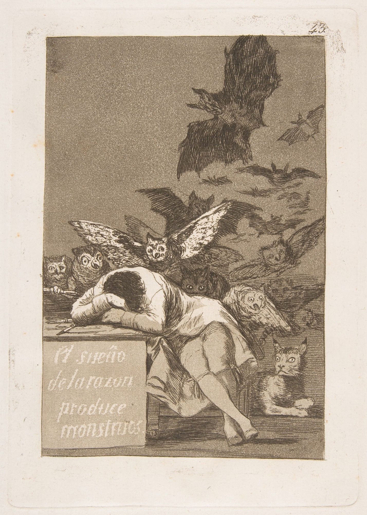 Etching showing a person with their head on their arms, monsters flocking behind them