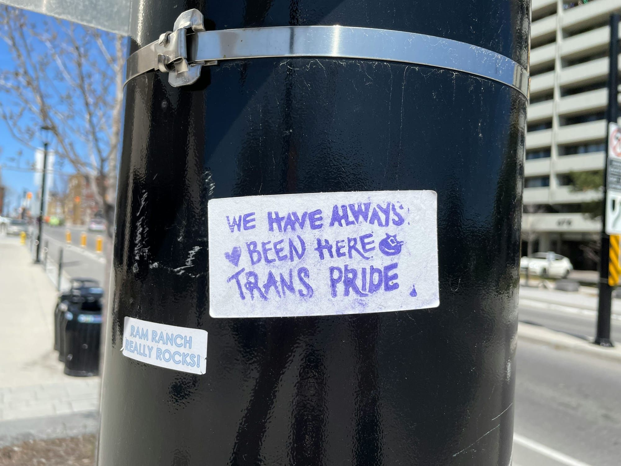 Sticker on bollard saying "we have always been here, trans pride"