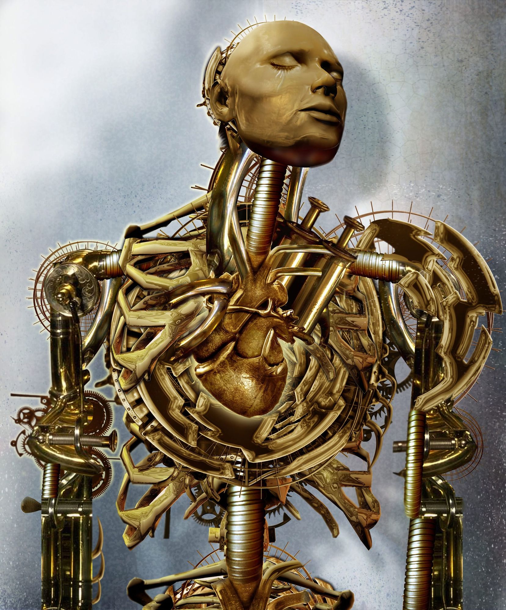 A golden mechanical man with his eyes closed.