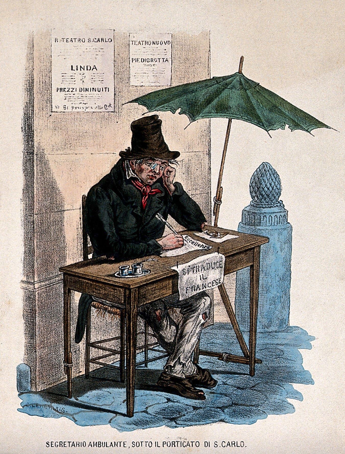 Sketch of man sitting at desk outside under a green umbrella