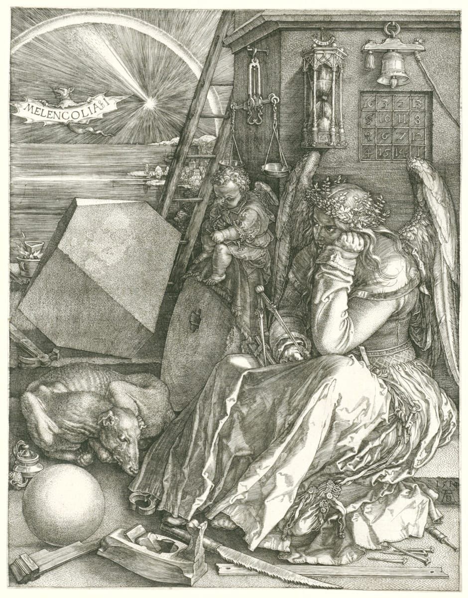 Engraving showing a glum looking angel , a sad dog, and a depressed cherub
