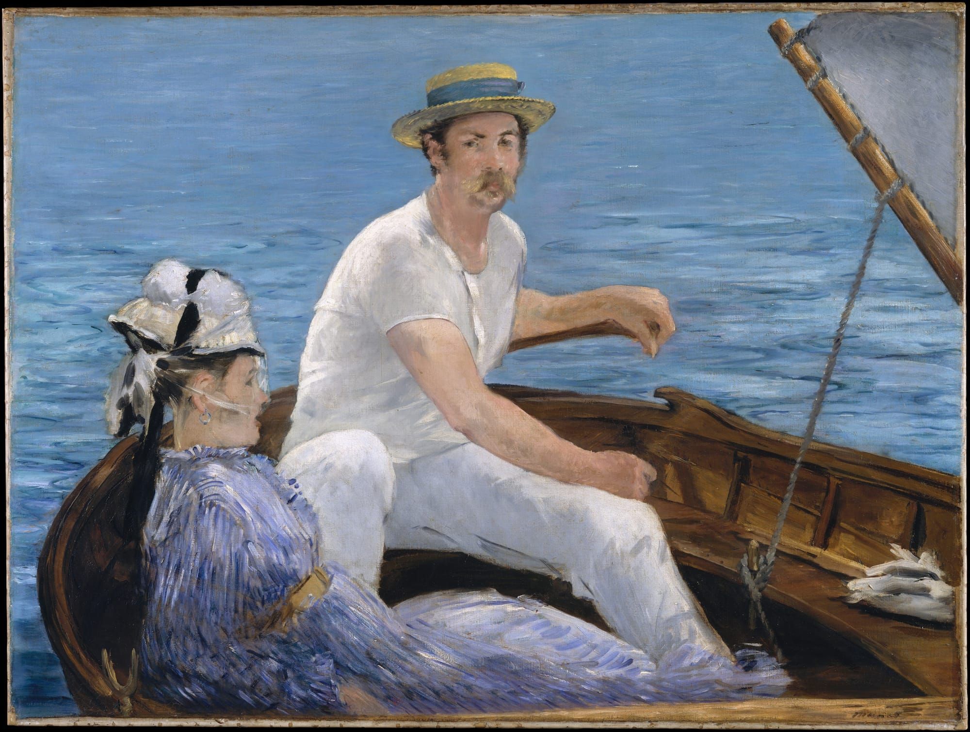 Painting of a man and a woman on a boat, much like we weren't