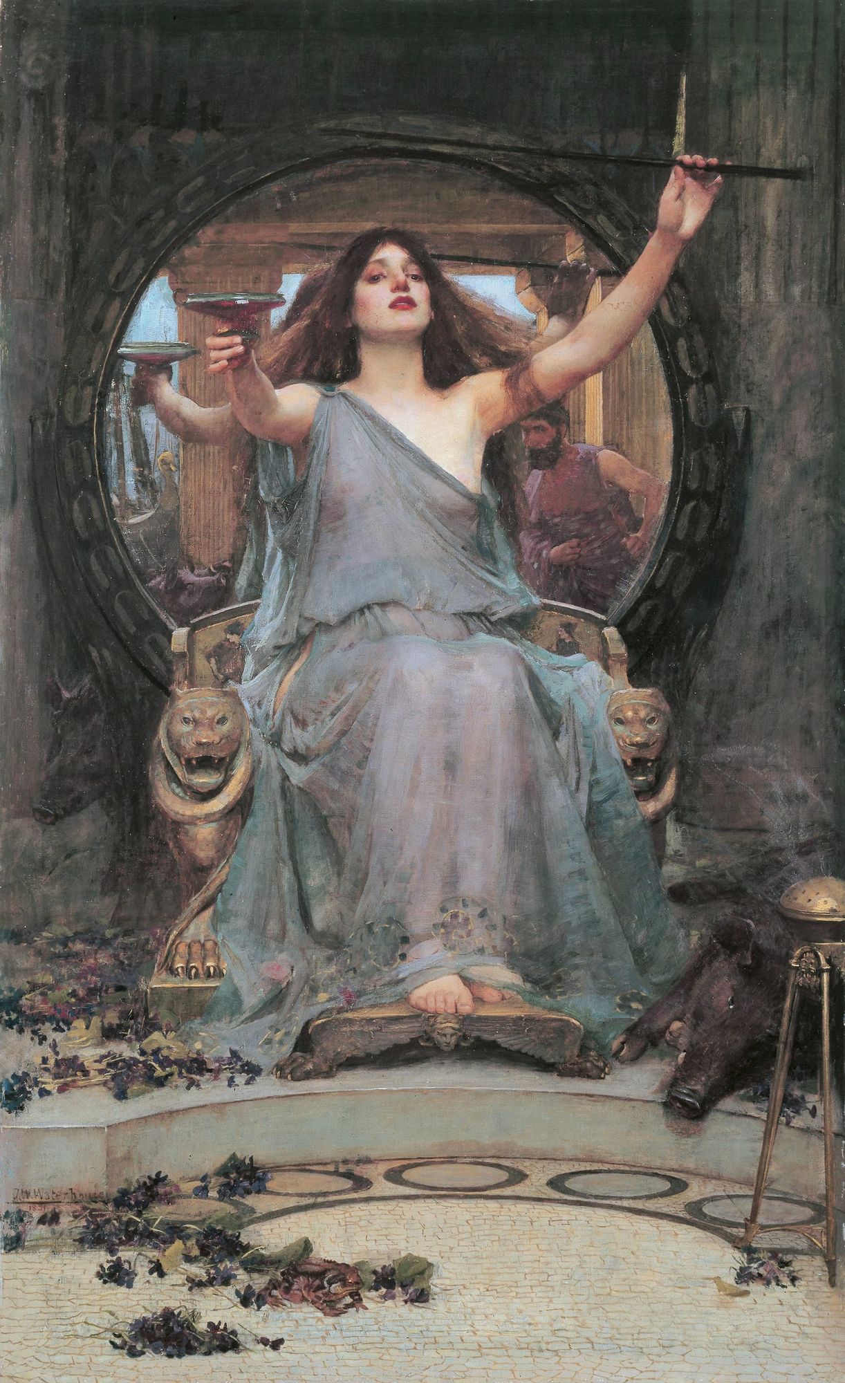 A woman sitting on a carved throne brandishing a wand and a cup
