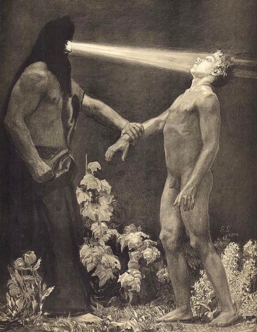 A hooded figure blasts light into the face of a naked man