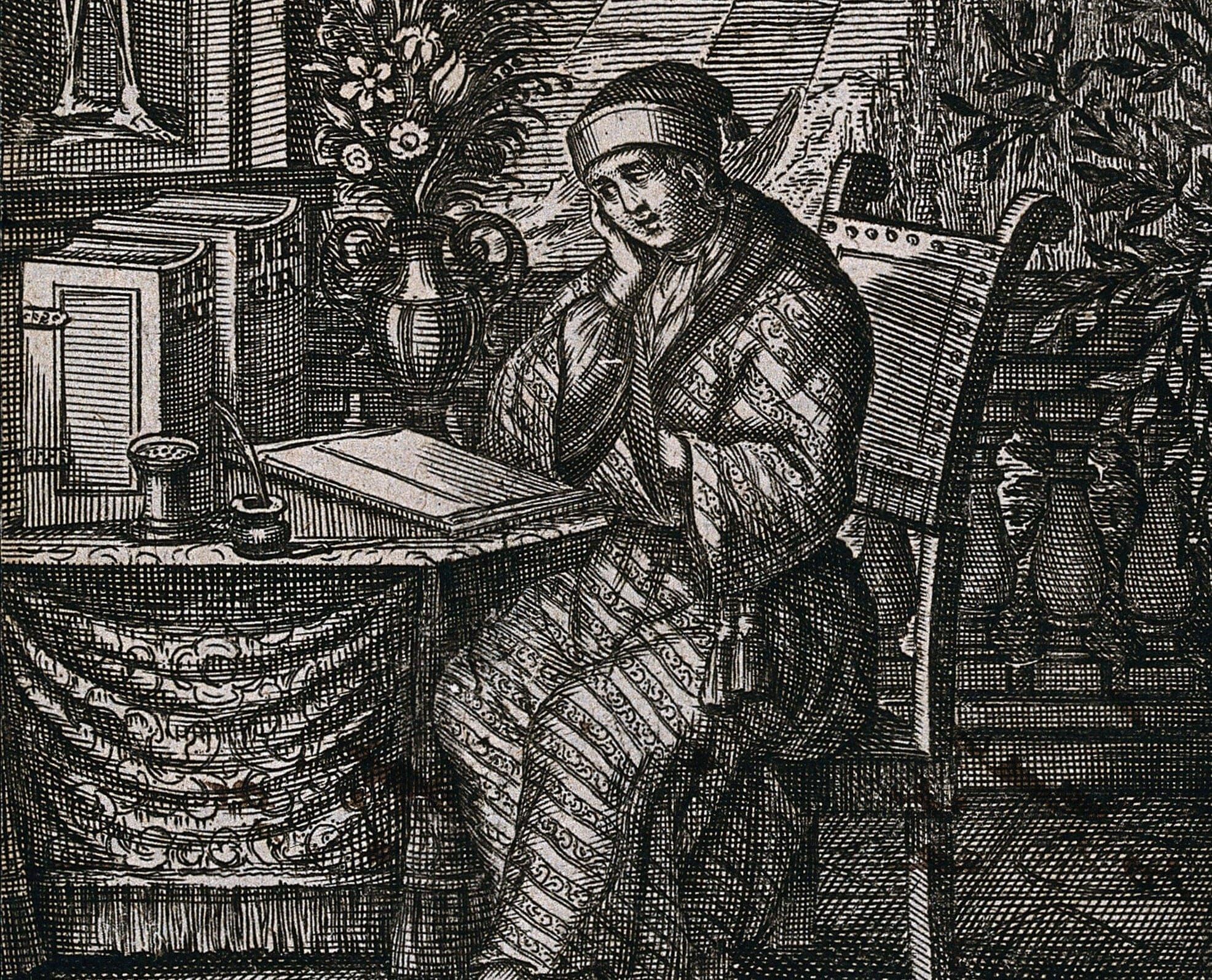 Etching of a man in a nightcap and robe sitting at a desk looking at papers and books