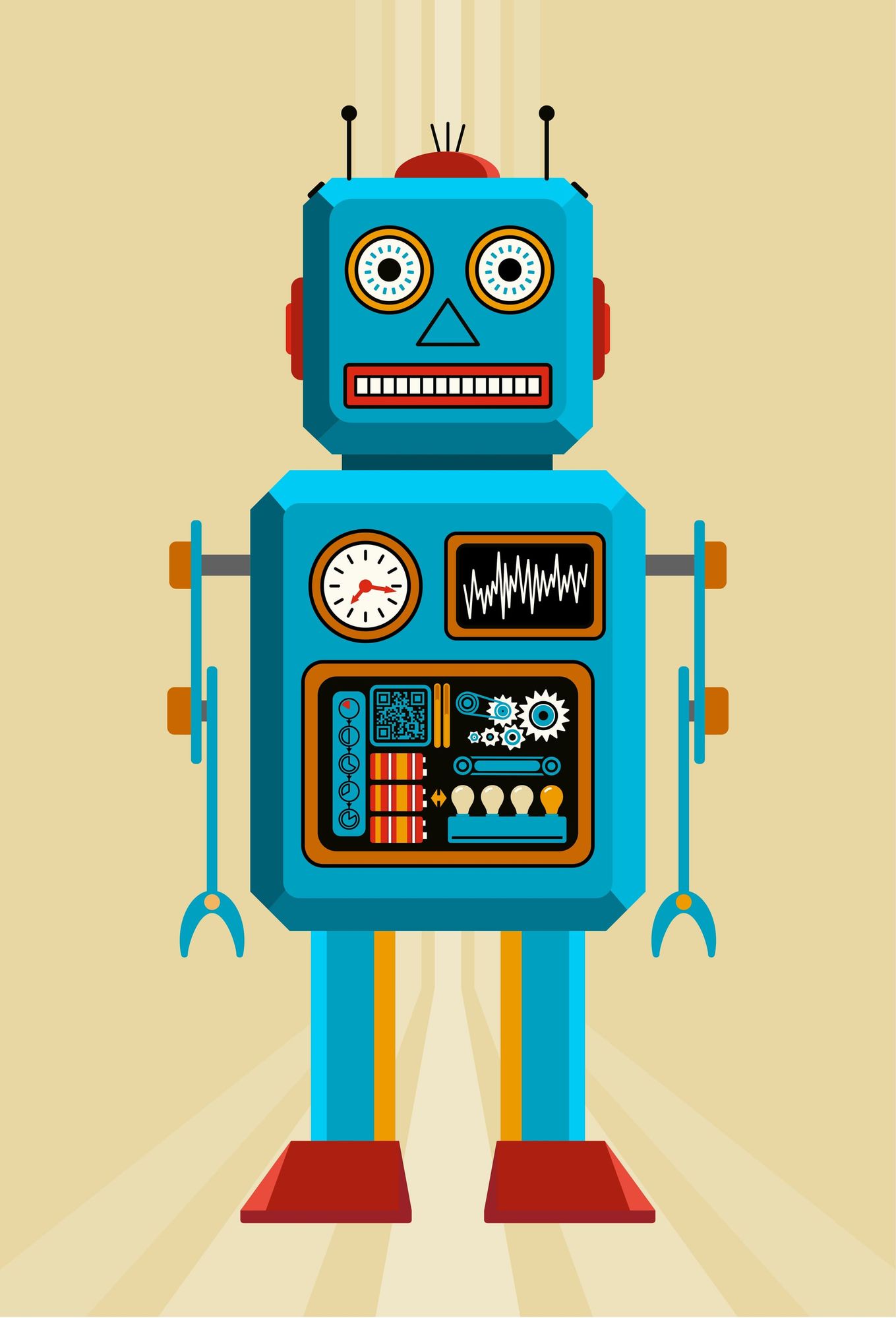 A blue robot has wide eyes and an awkward kind of smile/grimace