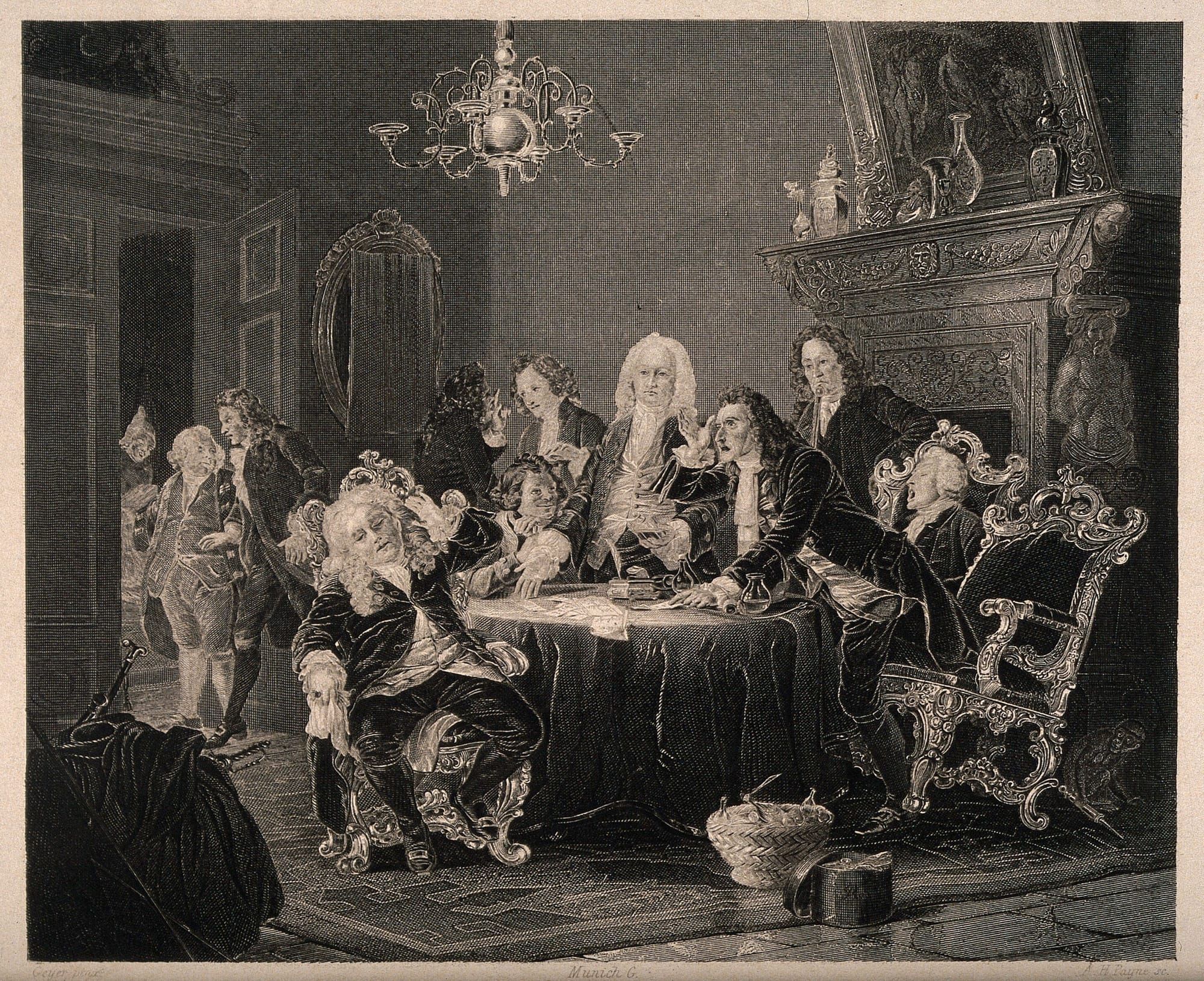 Fancy men debate in a fancy room. Etching.