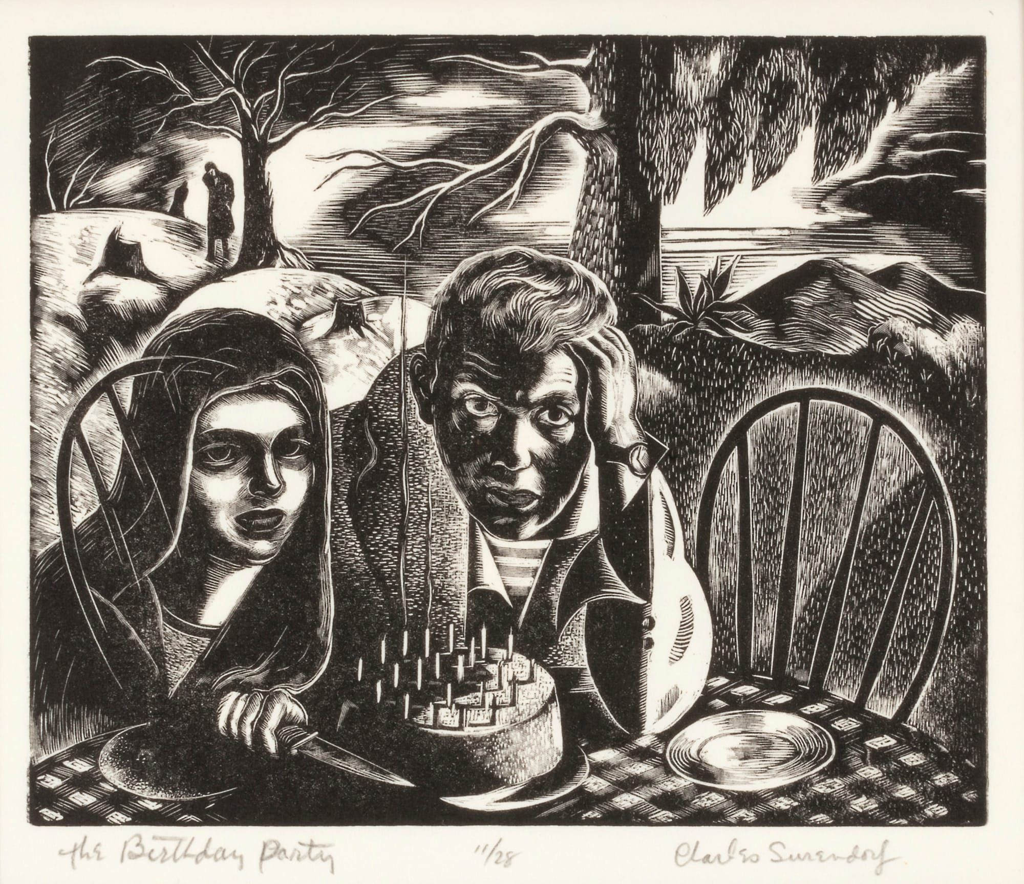 Woodcut of couple at an outdoor table with a birthday cake