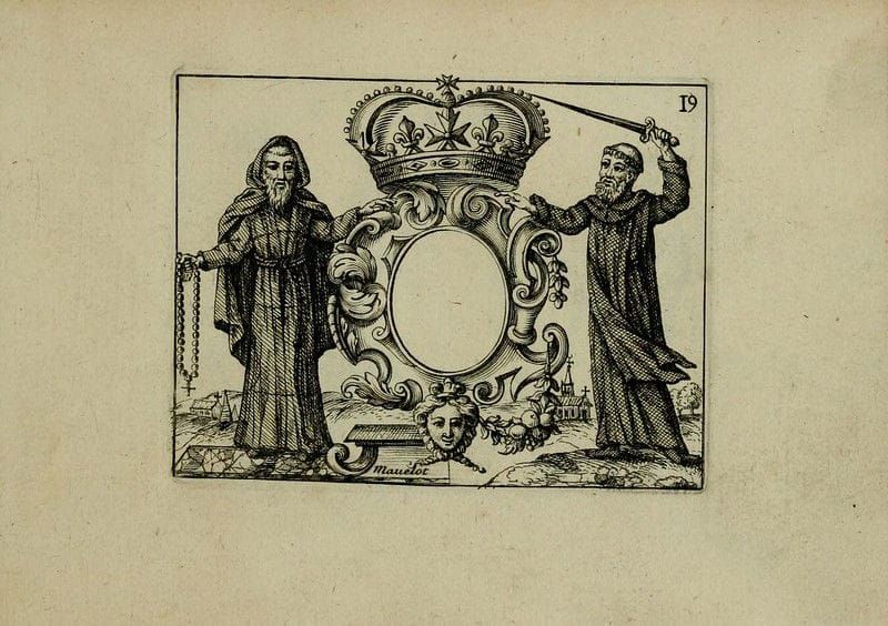 Engraving showing two monks flanking a crown, one with a crucifix, one with a sword