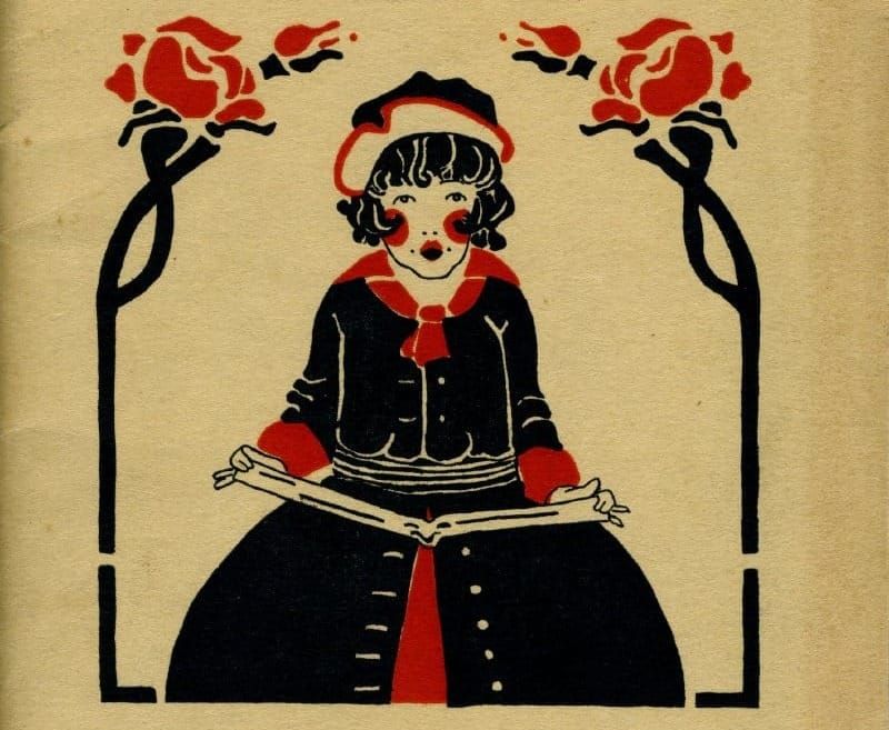 Illustration in red and black of a girl in a black dress and red scarf with a bit book on her lap