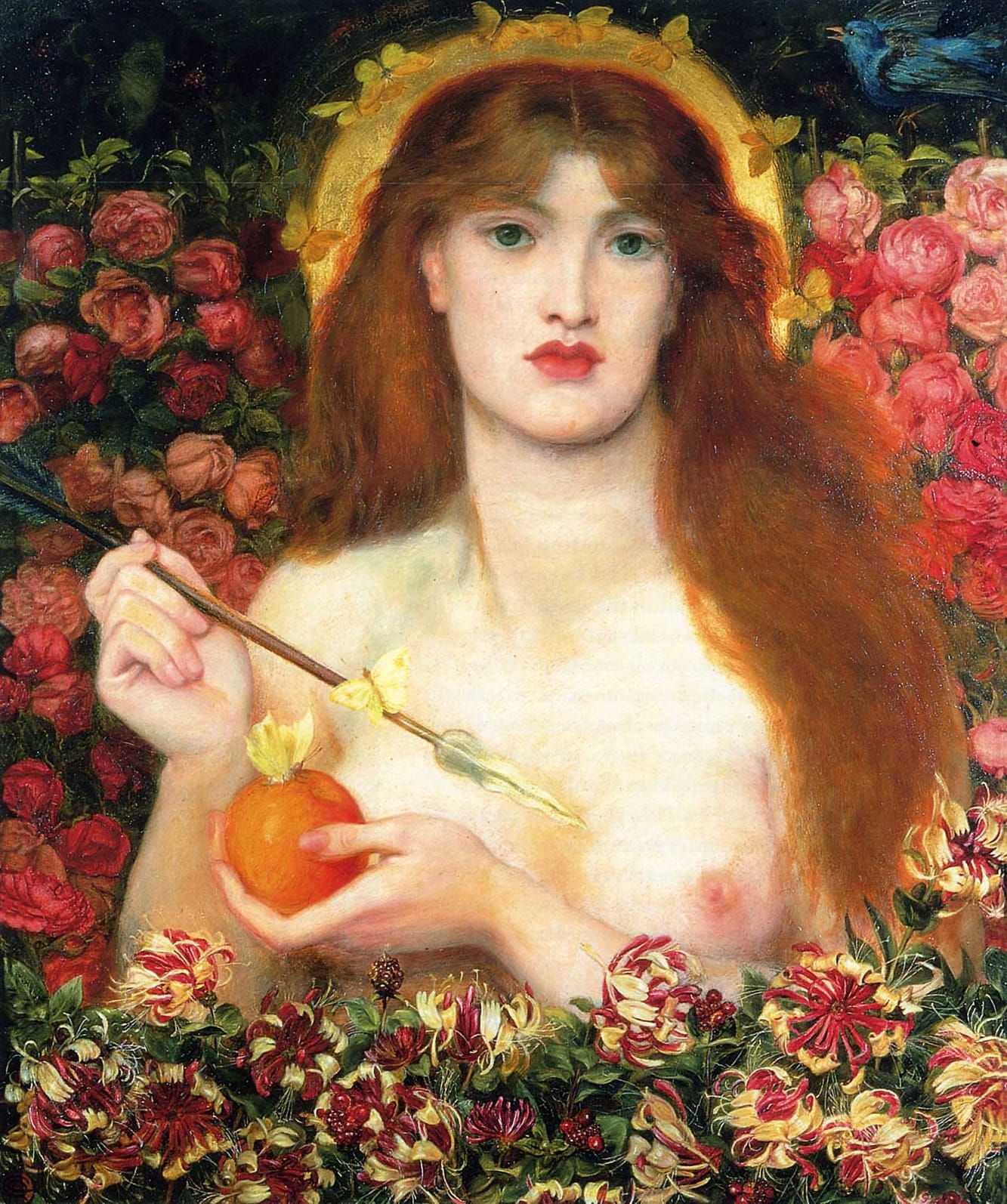 Painting of a woman holding an apple and an arrow, with butterflies perched on them. Her hair is red, there is a background of roses, she has one tit out.