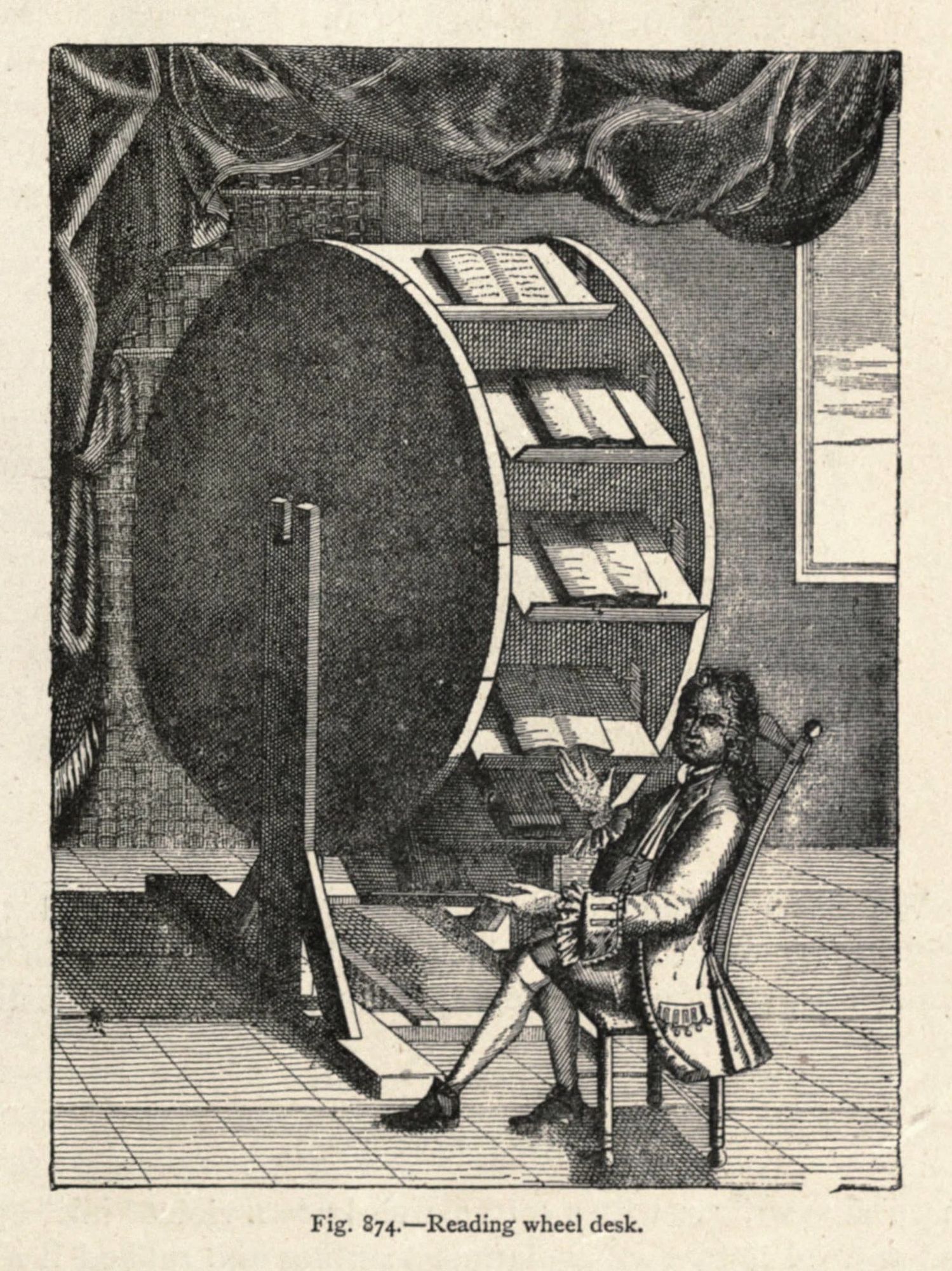 An elegant man  sits at a giant wheel with several shelves that each contain a book. 