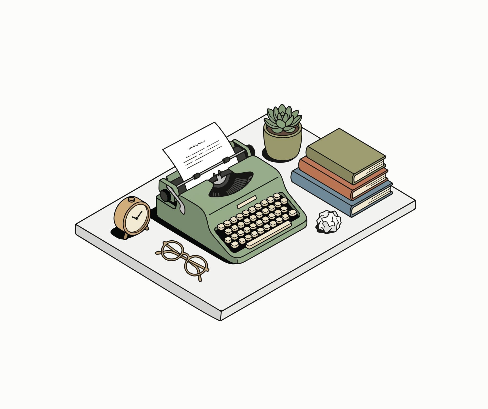 A green typewriter sits on a desk, surrounded by a clock, a pair of glasses, a succulent, a pile of books, and a scrunched up bit of paper