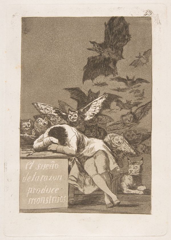 Etching showing a person with their head on their arms, monsters flocking behind them