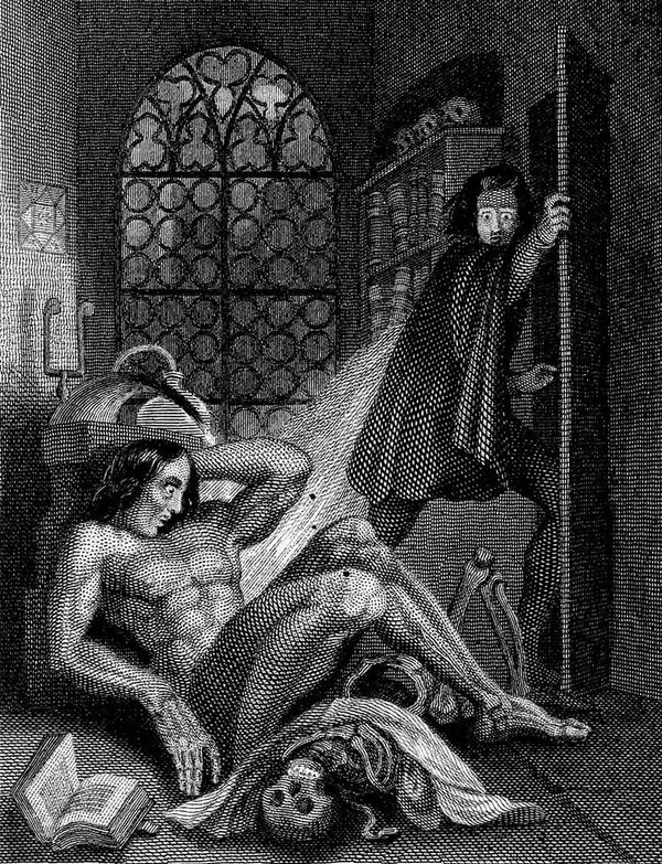 Engraving showing a man fleeing a room looking back at a naked man and a skeleton