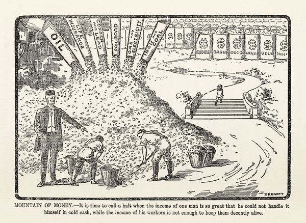 Newspaper cartoon of a man standing beside a pile of coins forcing workers to shovel it into buckets for him