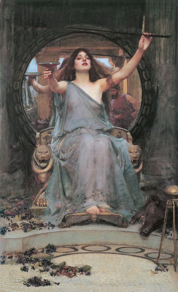 A woman sitting on a carved throne brandishing a wand and a cup