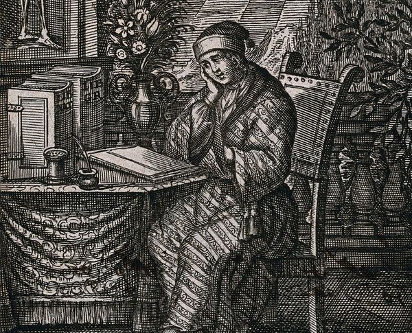 Etching of a man in a nightcap and robe sitting at a desk looking at papers and books