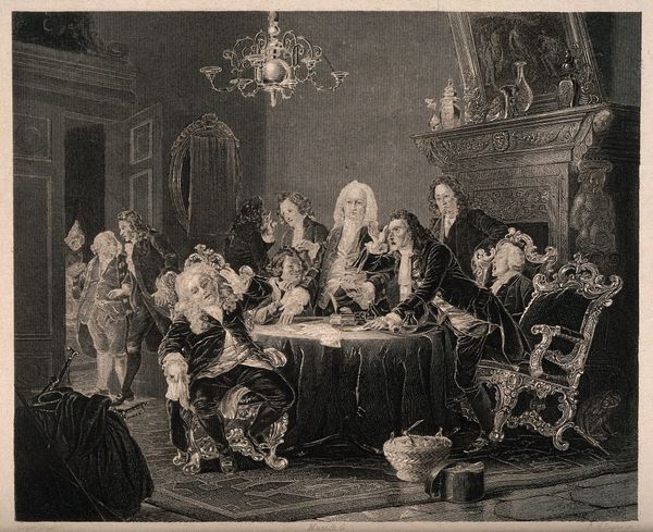 Fancy men debate in a fancy room. Etching.