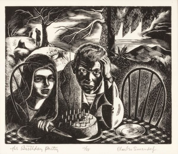 Woodcut of couple at an outdoor table with a birthday cake