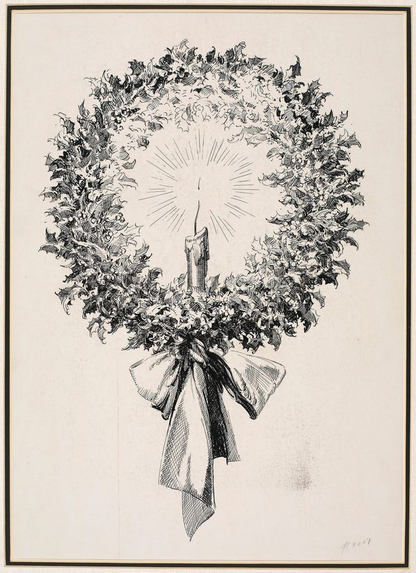 Pen and ink drawing of a wreath of holly with a lit candle in the middle and a bow tied at the bottom