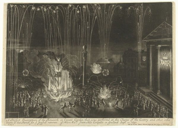 Black and white drawing of fireworks over  a crowd in Covent Garden