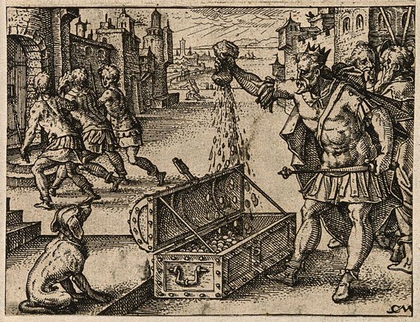 Etching showing a roman emperor pouring money into a large chest, as a man is led away by guards and a dog watches.