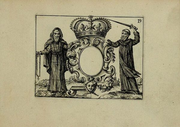 Engraving showing two monks flanking a crown, one with a crucifix, one with a sword