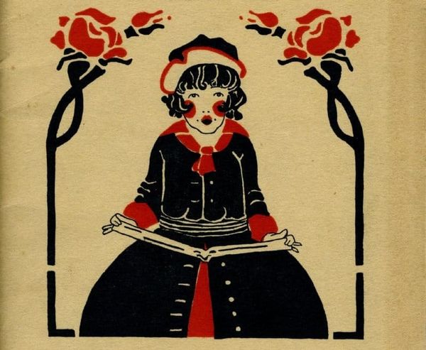 Illustration in red and black of a girl in a black dress and red scarf with a bit book on her lap