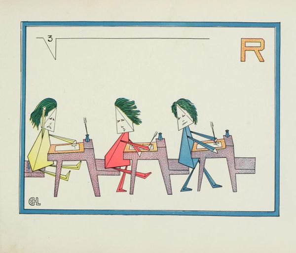Three colourful children with triangle shaped heads sit at school desks writing with quills. One has raised their hand.