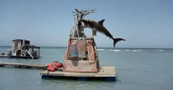 A shark jumps and bites at a ramshackle structure on a jetty.