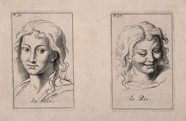 Two sketches of a woman, one with a placid expression looking forwards, and one looking down and to the side with a smirk