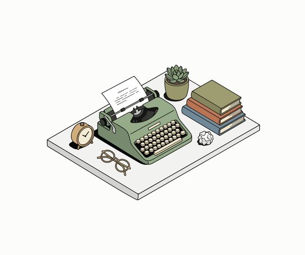 A green typewriter sits on a desk, surrounded by a clock, a pair of glasses, a succulent, a pile of books, and a scrunched up bit of paper