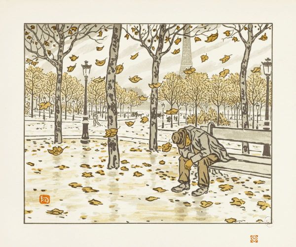 Illustration of a man sitting on a park bench with the Eiffel Tower in the background. He is wearing a trench coat and trilby and leaning forwards with his elbows propped on his knees