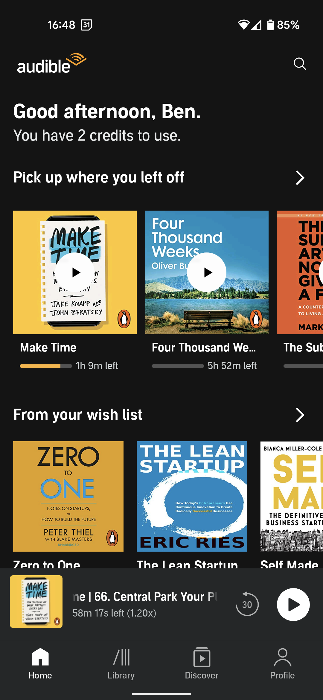 Audible app home screen