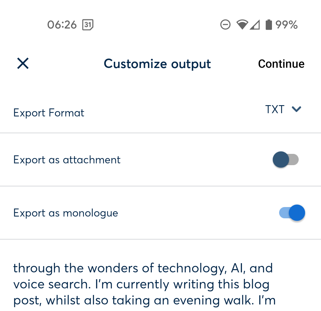 The 'Export as monologue' feature removes speakers and time stamps. ©Benjamin Craske
