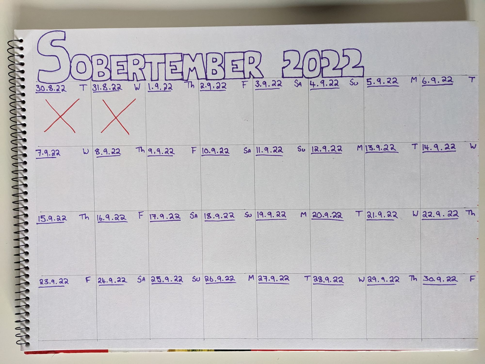 A habit tracker for September 2022 on an A3 sketch pad