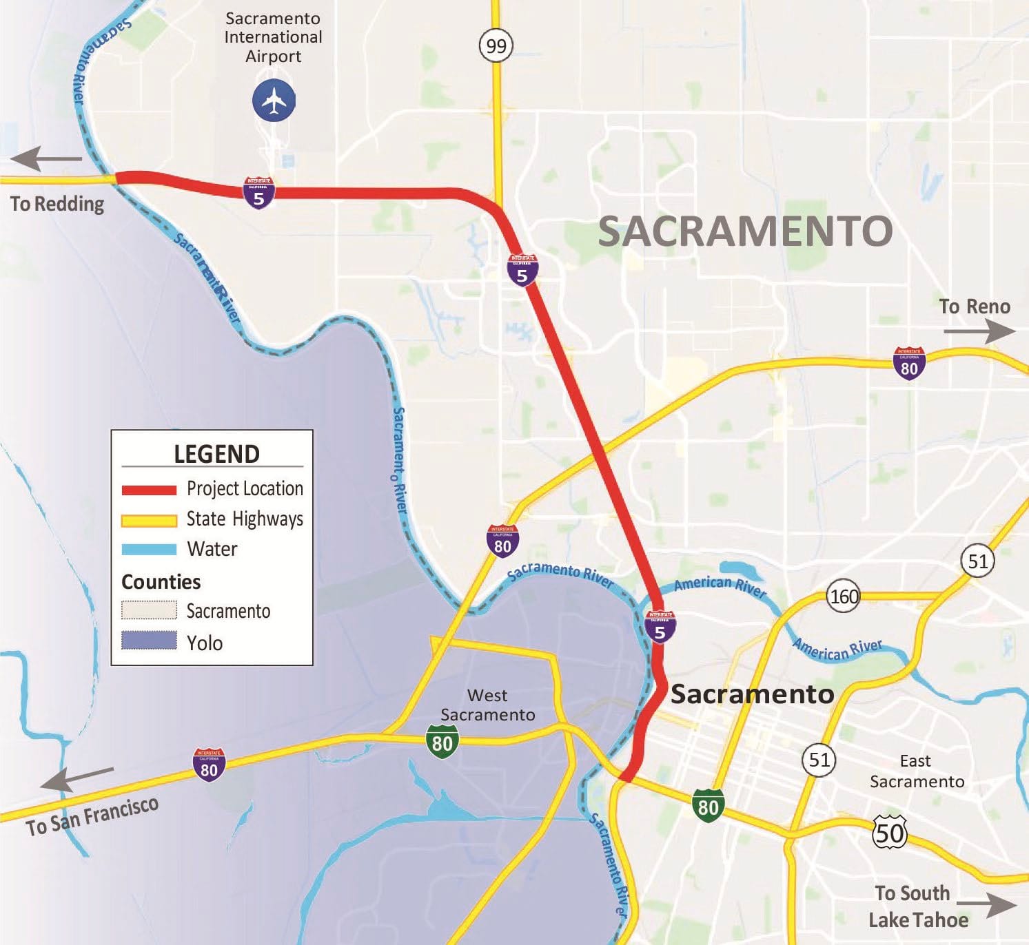 A map highlights the proposed I-5 managed lanes corridor between downtown Sacramento and the Yolo County line near Sacramento International Airport. Image: STA.