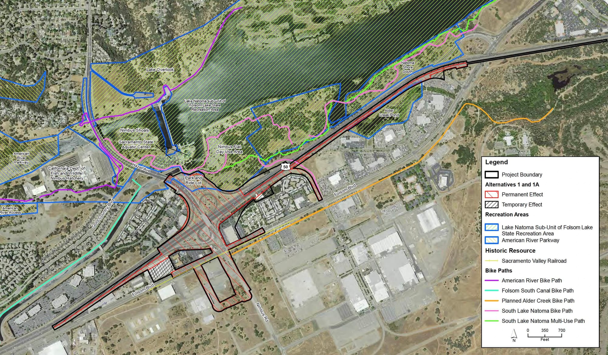 A project map shows the planned Hazel Avenue–U.S. 50 interchange footprint and its permanent and temporary effects on nearby recreation areas, trails and properties around Lake Natoma.