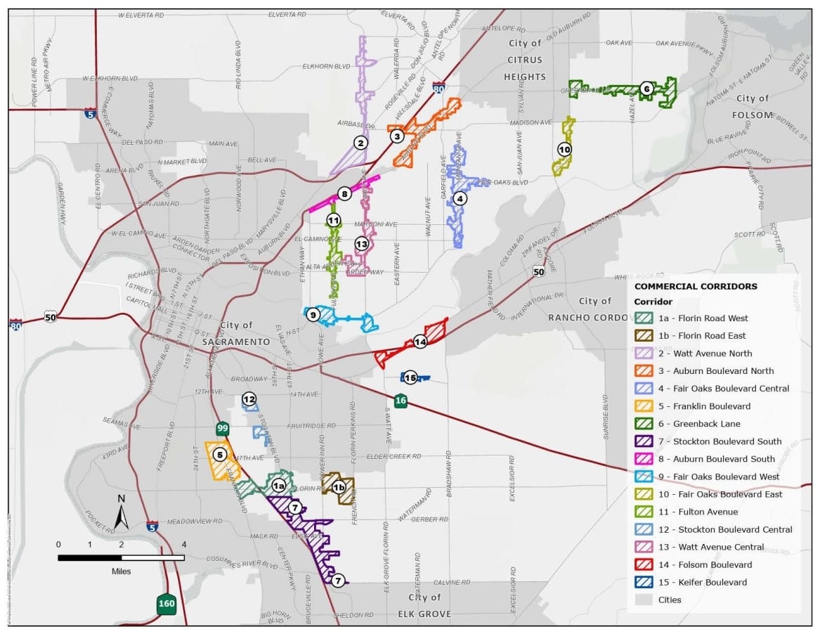 A Sacramento County map shows 15 commercial corridors identified for revitalization, eight of which are included in the proposed zoning overlay.
