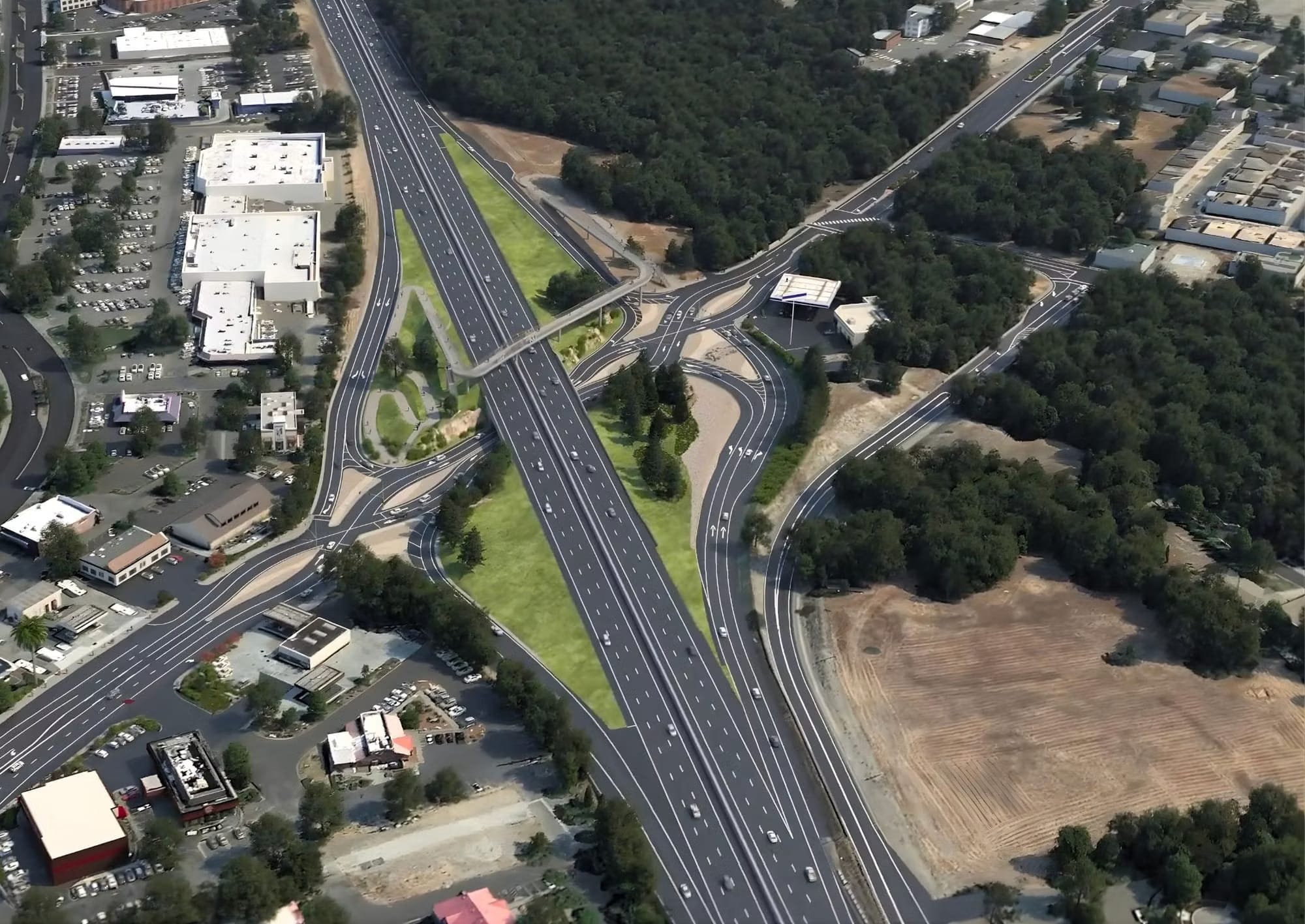 A conceptual rendering shows the proposed diverging diamond interchange at Rocklin Road and I-80, including a separate bicycle and pedestrian overcrossing spanning the freeway