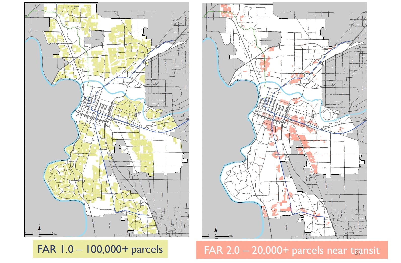 City maps show more than 100,000 proposed N-1 properties with an FAR of 1 and more than 20,000 properties closer to transit with an FAR of 2.